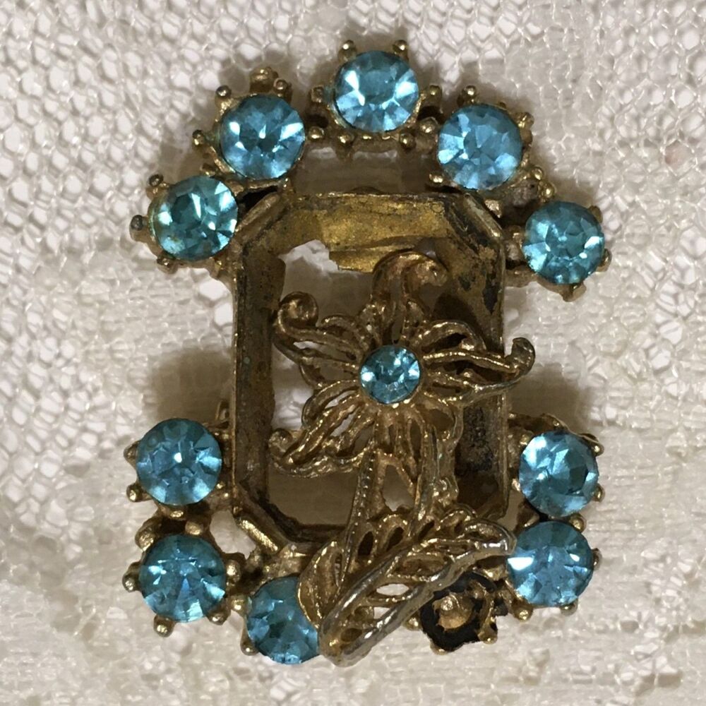 Vintage Pot Metal Brooch Light Blue Rhinestones Gold Tone Floral